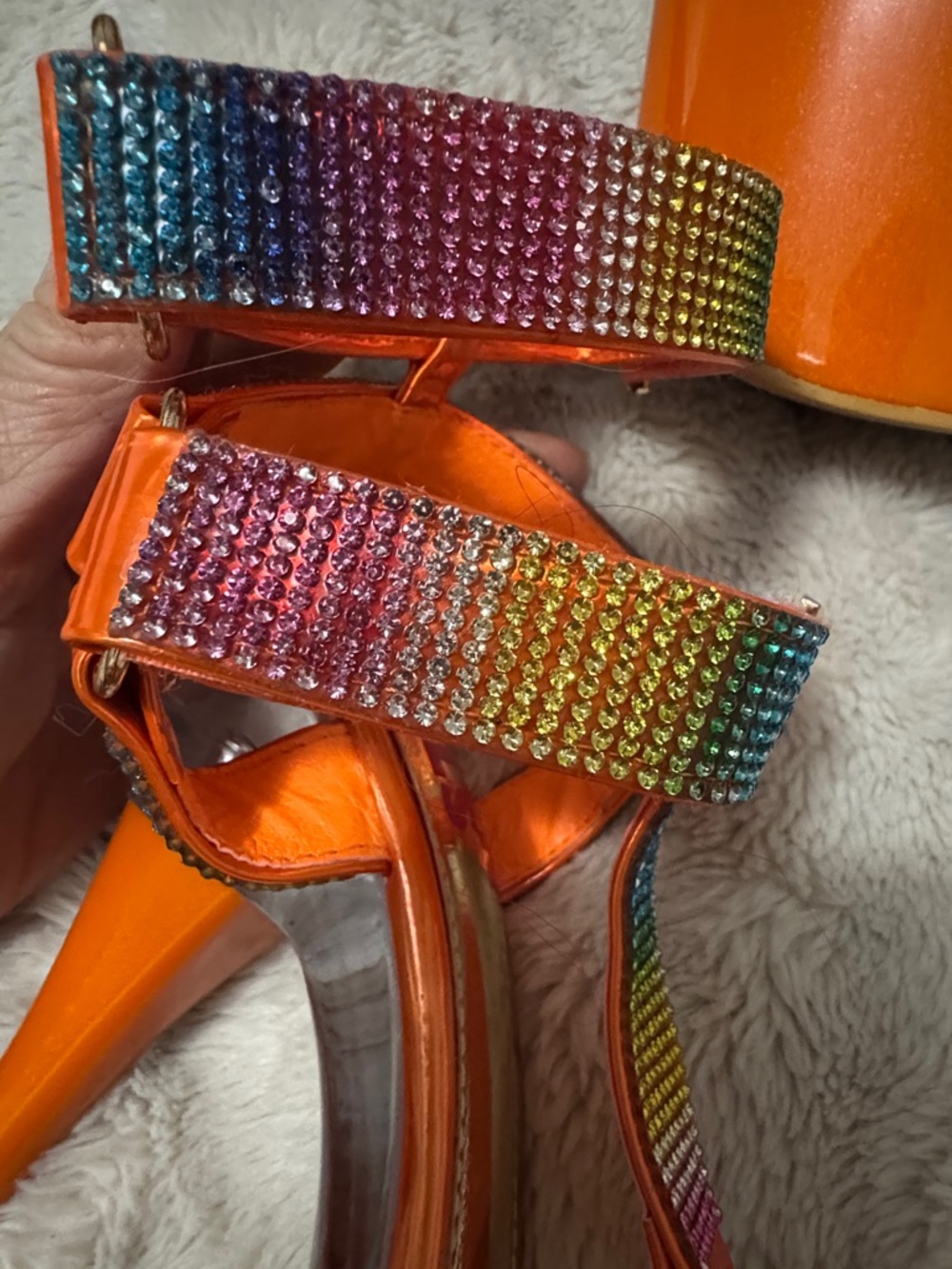 Golden Bulls | Sexy Rhinestone Orange & Rainbow Platform Stiletto Heels | 8 NIB - Picture 7 of 12